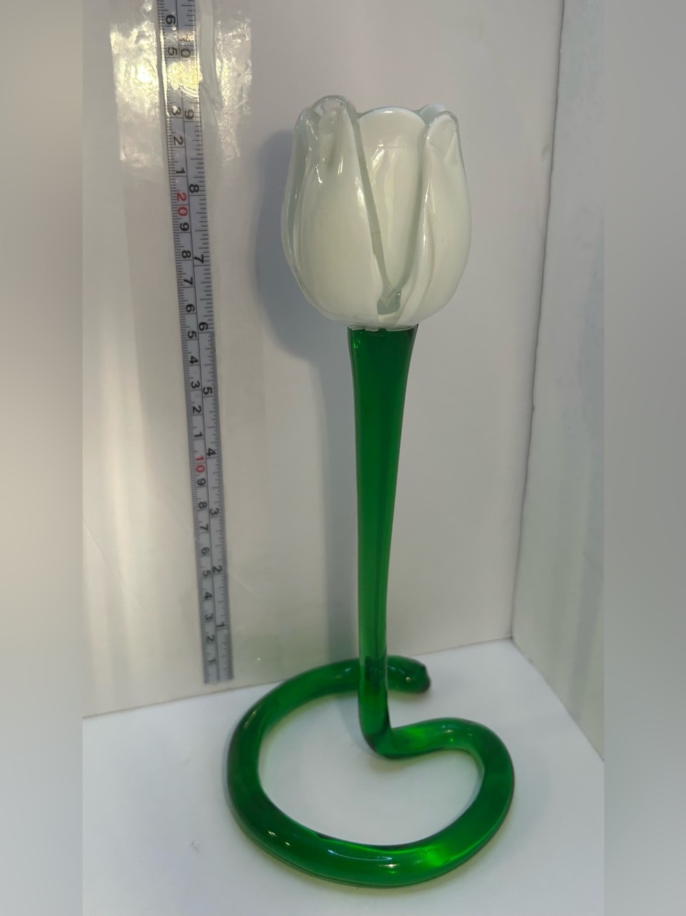 Vintage Murano Style Green & White Glass Tulip Flower Taper Candle Holder 11”